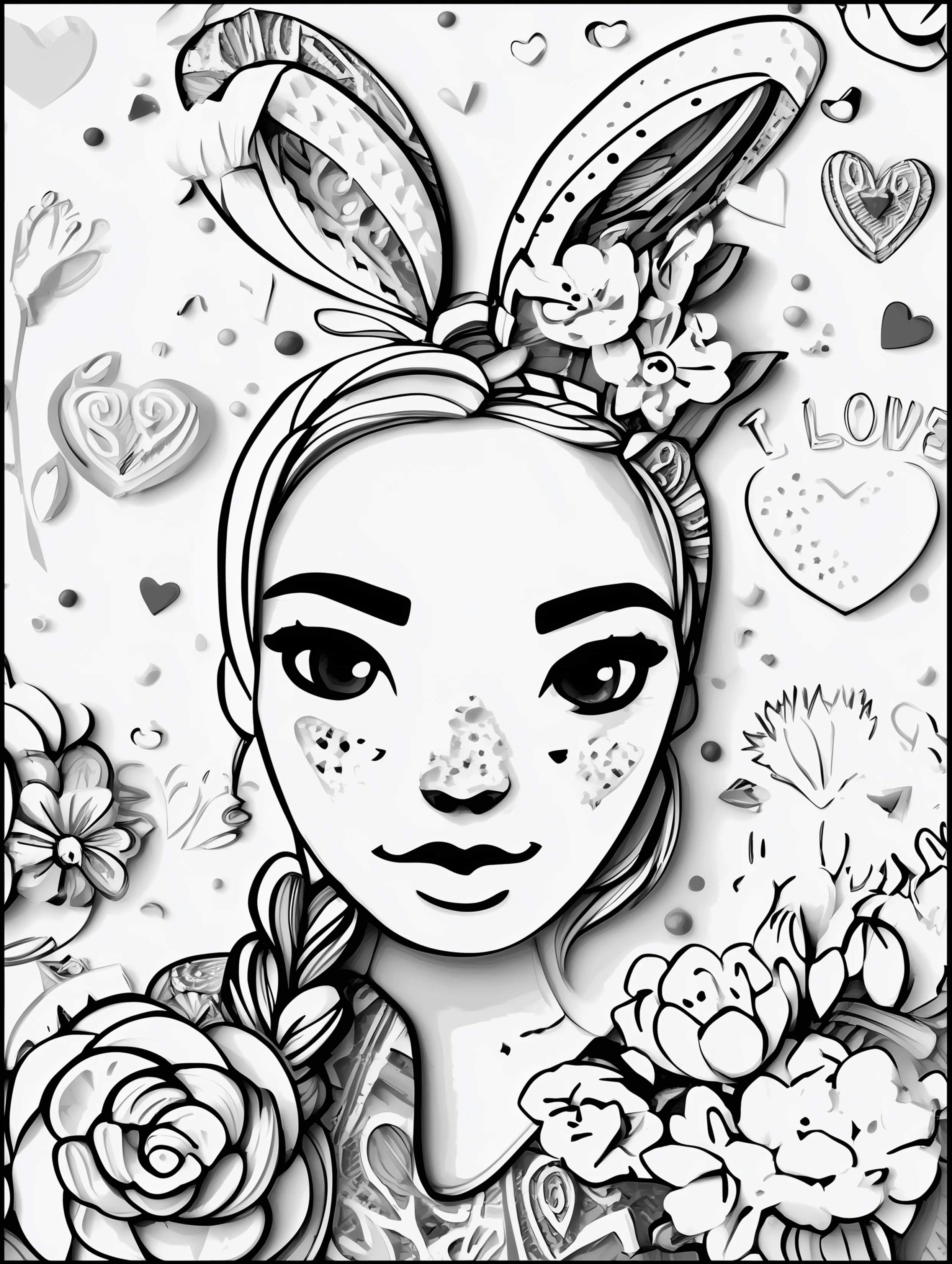 Free printable coloring page for your mom featuring a woman wearing a bunny head band